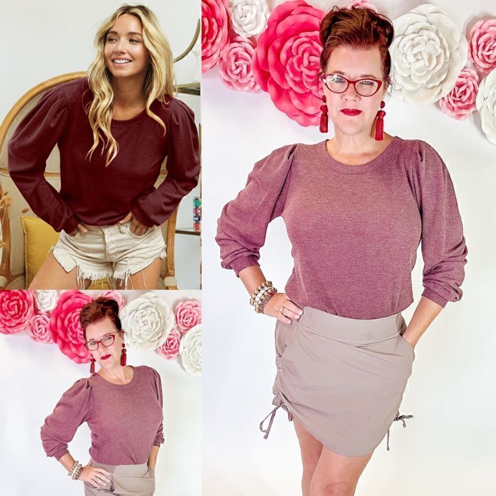 Thermal Puff Sleeve Crew Neck Top